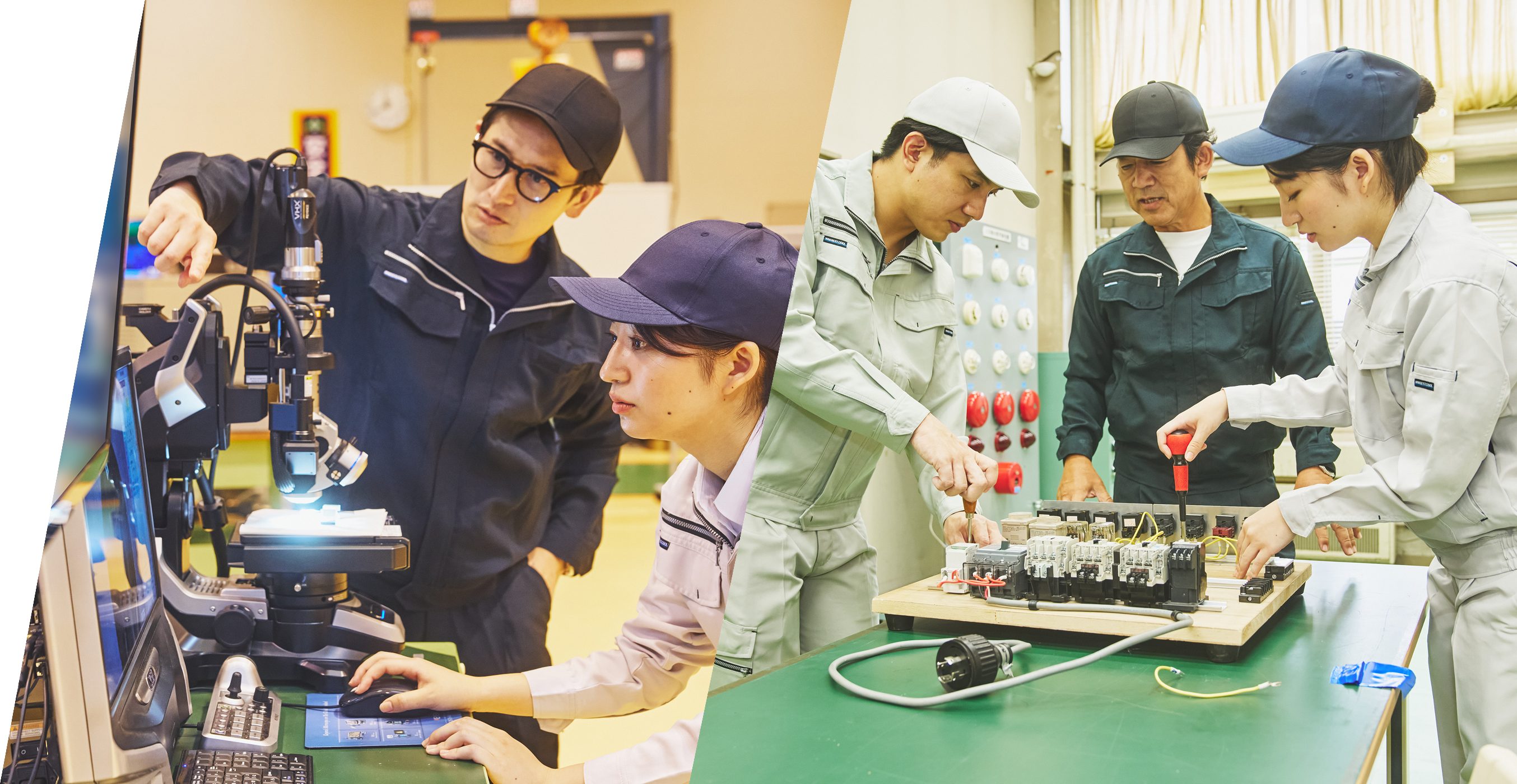 機械操作や電気設備の実習に取り組むポリテクセンター岐阜の訓練生と指導員